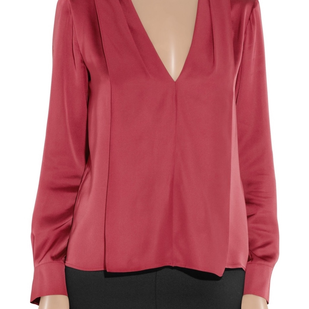Authentic Stella McCartney Red Silk Long Sleeve V Neck Blouse Top Sz 44